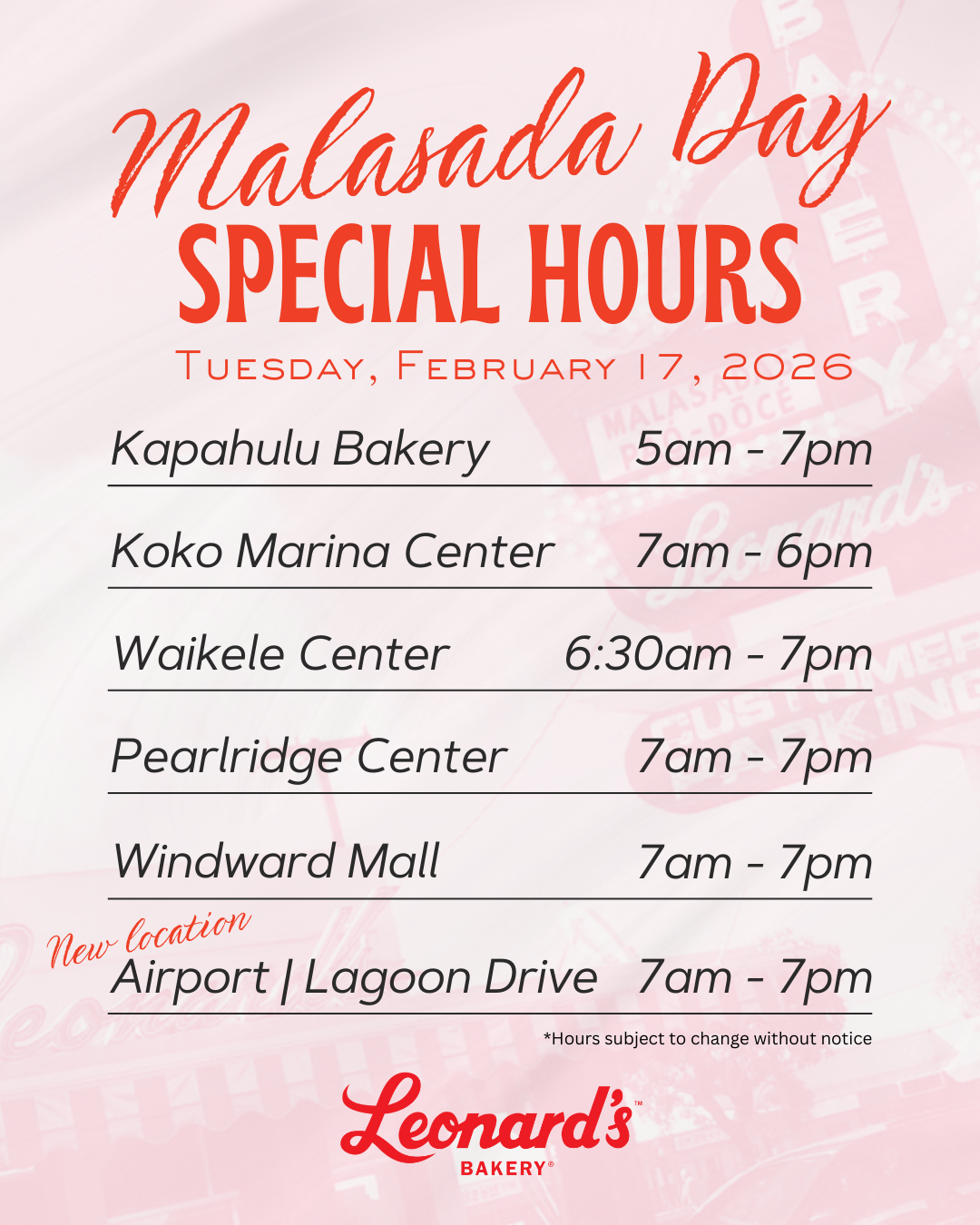 Malasada Day Hours 2026